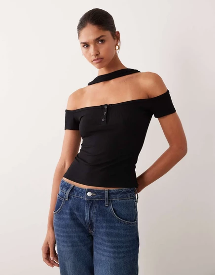 Женский топ ASOS DESIGN бандо с шарфовым декором, открытые плечи, короткие рукава, черный