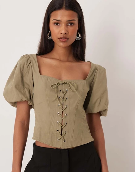 Женский хлопковый корсетный топ Gina Tricot, оливковый