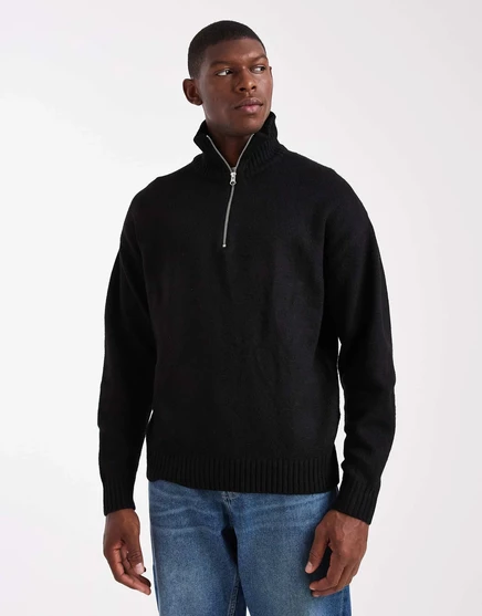 Черный пушистый свитер Jack &Jones с застежкой-молнией на четверть дюйма black