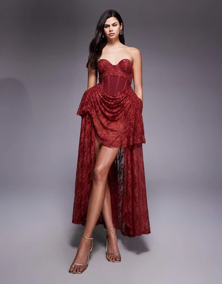 Дизайнерское мини-платье премиум-класса ASOS с кружевным корсетом на завязках, накладками на бедрах и высоким-низким низом цвета шелковицы mulberry