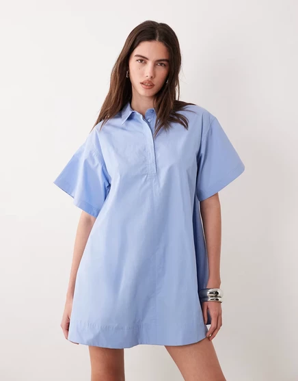 Женское мини-платье ASOS Design поплин, короткий рукав, пыльно-голубое
