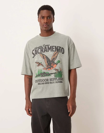 ДИЗАЙНЕРСКАЯ футболка оверсайз свободного кроя ASOS DESIGN с принтом duck puff в зеленую полоску green marl