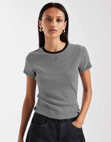 Футболка Tommy Jeans из тонкого трикотажа в рубчик в черно-белую полоску black/white stripe