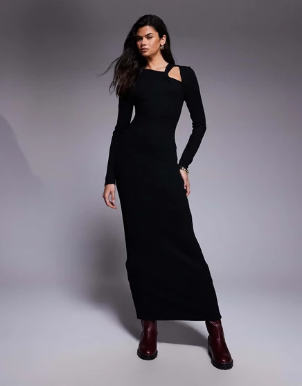 Макси-платье ASOS DESIGN с асимметричным вырезом в рубчик и узлом на шее черного цвета black