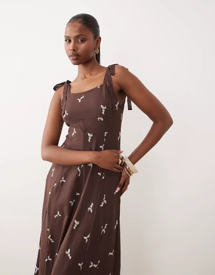 Женское миди-платье ASOS Design с вышивкой и завязками, шоколадное