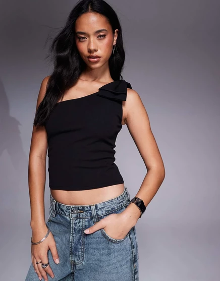 Черный топ с бантом на одно плечо из крепа для подводного плавания ASOS DESIGN черного цвета black
