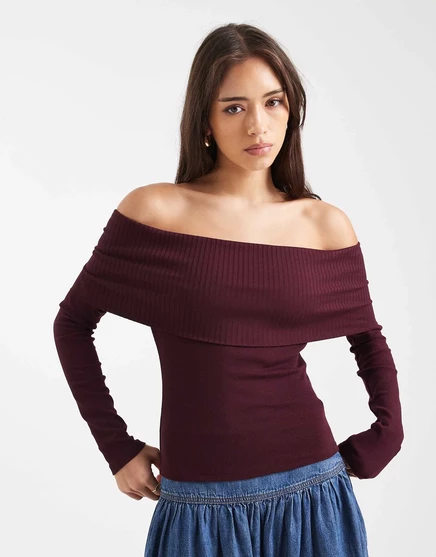 Топ Miss Selfridge из смешанного трикотажа в рубчик сливового цвета с открытыми плечами plum