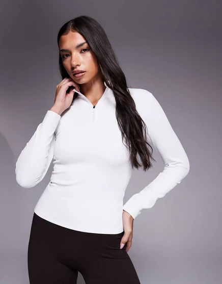 Лыжный костюм ASOS 4505 из флиса в рубчик на спине, базовый слой, длинный рукав, застежка-молния 1/4, термообработка белого цвета white