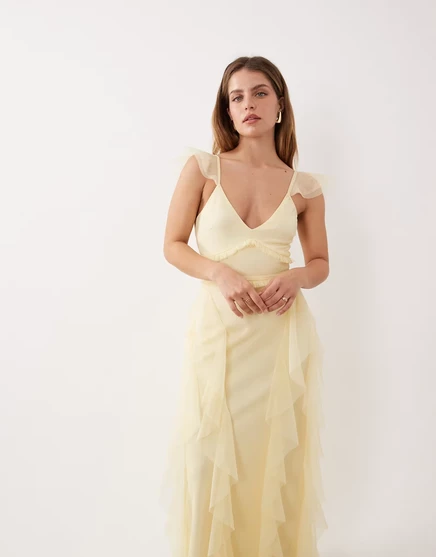 Женское макси-платье Lace & Beads Petite из тюля с рюшами, лимонное