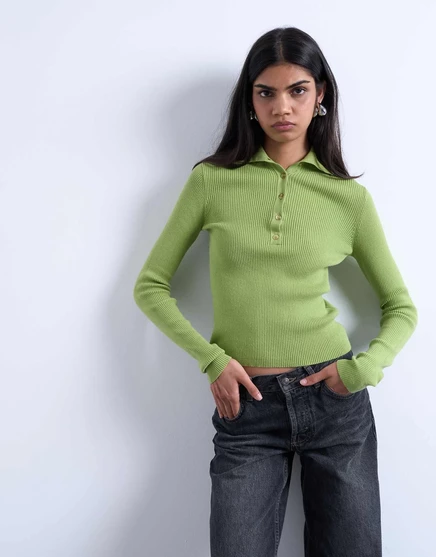 Зеленое трикотажное поло с воротником в рубчик от Topshop green