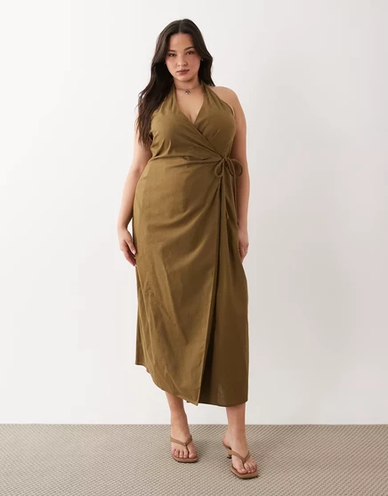 Женское миди-платье ASOS Curve на запах, хлопок-лен, оливковое