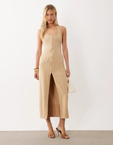 РОСКОШНОЕ джинсовое платье макси на молнии спереди от ASOS цвета camel camel