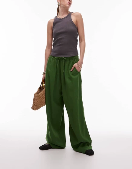 Брюки-баллончики из льняной смеси Topshop оливково-зеленого цвета green