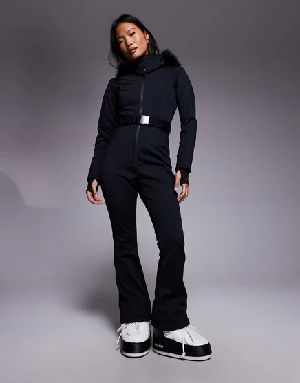 Лыжный костюм ASOS 4505 Petite Ski с поясом из мягкой ткани с узкими штанинами и капюшоном из искусственного меха черного цвета black