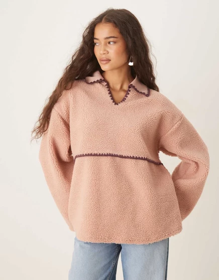 Спортивный пуловер borg от ASOS DESIGN с вышивкой в виде одеяла бордового и розового цветов burgundy