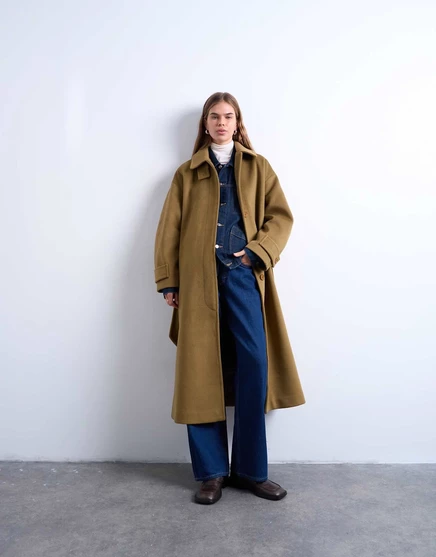 Длинное пальто на поясе в строгом стиле Topshop, цвет: шалфейный sage