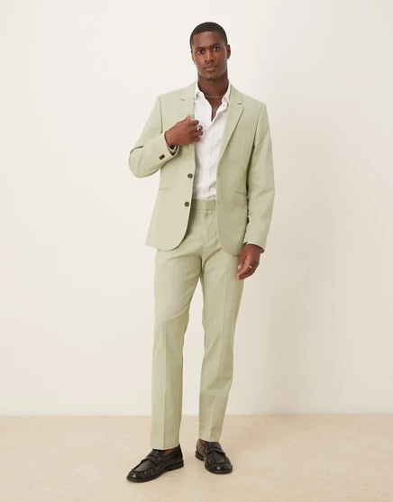 Облегающие брюки от костюма ASOS DESIGN linen look зеленого цвета со складкой спереди green