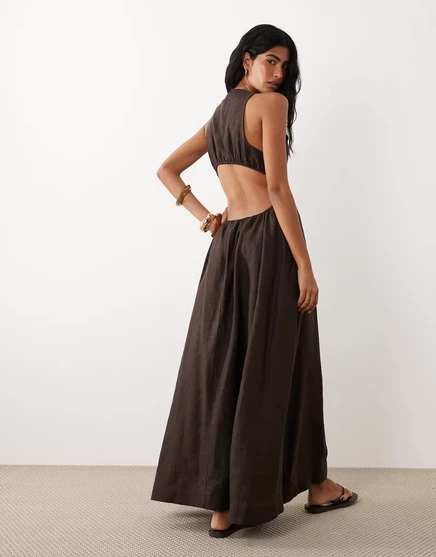 Женское льняное платье макси ASOS Design, коричневое