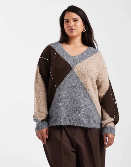 Вязаный свитер Vero Moda Curve оверсайз из аргайла средне-серого меланжа medium gray melange