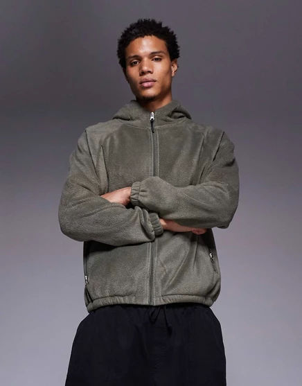 Флисовая толстовка ASOS DESIGN extreme oversize с круглым вырезом и застежкой-молнией зеленого цвета smokey olive