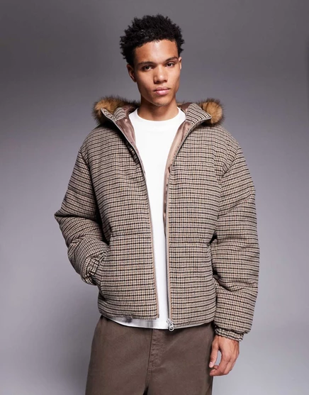 ДИЗАЙНЕРСКИЙ пуховик ASOS в клетку heritage с искусственным мехом brown