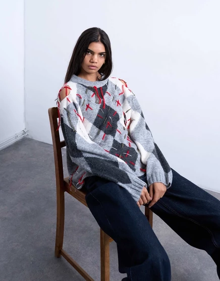 Вязаный свитер Topshop в стиле аргайл с потертостями gray