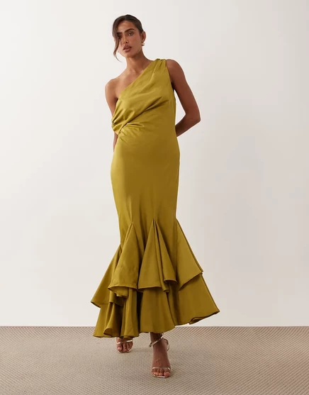 Женское платье ASOS Design мидакси с опущенными плечами и асимметричным подолом, оливковое