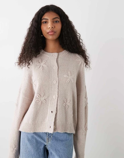Reclaimed Vintage crochet boxy cardigan with 3D flowers in cream cream