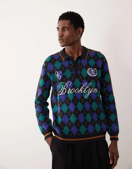 Мужское вязаное поло ASOS Design в ромбы с вышивкой Brooklyn, сине-черное