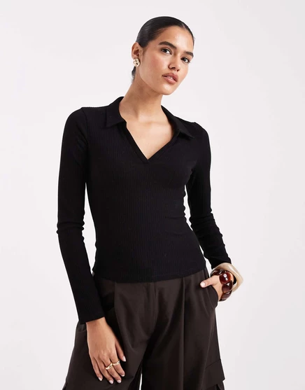 Черный топ-поло Miss Selfridge с длинными рукавами в рубчик black