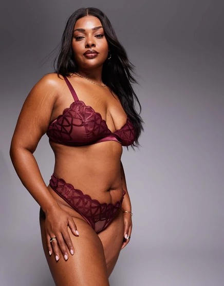 Классические стринги ASOS DESIGN Curve Simone premium с тонкой вышивкой и атласной окантовкой из бордового драгоценного камня burgundy