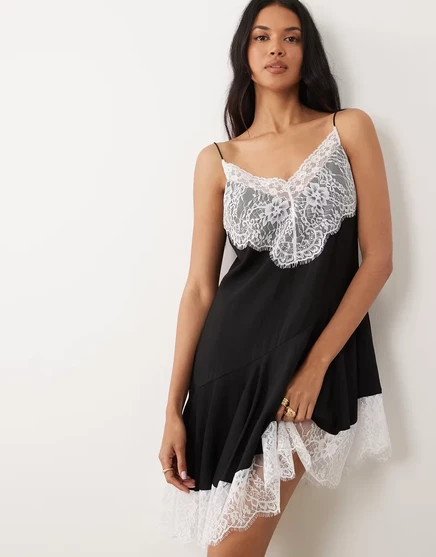 Женское мини-платье ASOS Design с кружевной отделкой, черно-белое