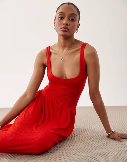 Женское миди-платье ASOS Tall жатое на пуговицах, красное