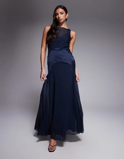 Макси-платье с заниженной талией из атласной смеси ASOS DESIGN темно-синего цвета navy