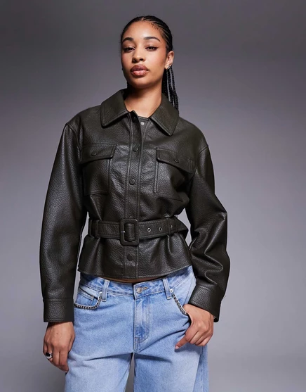 Женская рубашка-куртка River Island из искусственной кожи с поясом, хаки
