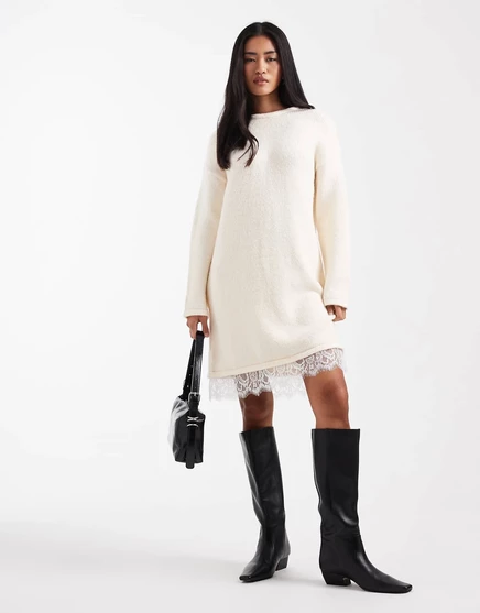 ДИЗАЙНЕРСКОЕ трикотажное мини-платье ASOS с кружевной отделкой цвета экрю ecru