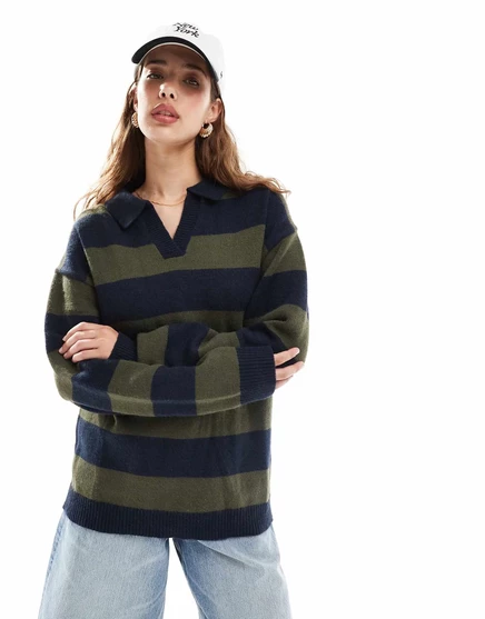Топ для регби из плотного трикотажа Daisy Street в темно-синюю полоску цвета хаки navy khaki stripe