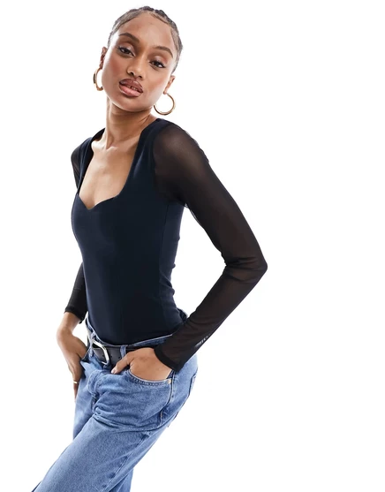 Женское боди ASOS Tall с сердцевидным вырезом и рукавами из сетки, черное