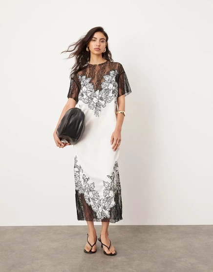 Белое миди-платье ASOS EDITION с вышитыми колоннами из атласа и контрастного кружева, украшенное аппликацией white