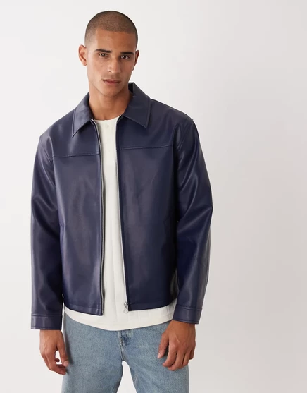 ДИЗАЙНЕРСКАЯ куртка harrington из искусственной кожи ASOS темно-синего цвета