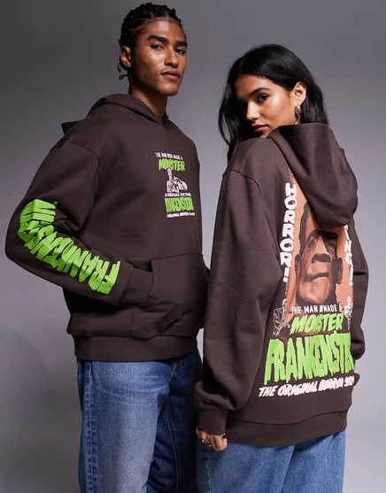 Коричневая толстовка оверсайз унисекс от ASOS DESIGN с принтом Франкенштейна brown