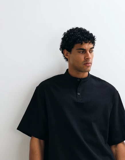 Мужская рубашка ASOS Design леноподобная с воротником-стойкой, черная
