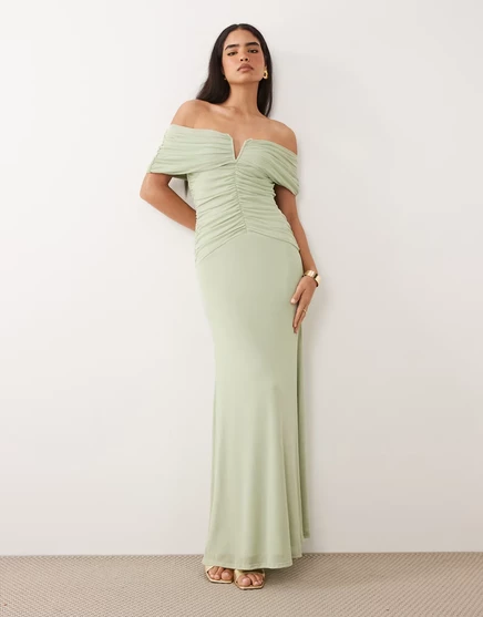 Макси-платье с сетчатой накидкой с открытыми плечами ASOS DESIGN цвета шалфея sage green