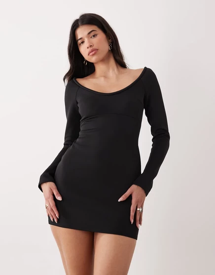 Мини-платье ASOS DESIGN с открытыми плечами и длинным рукавом и круглым вырезом горловины из черной ткани в стиле акваланга