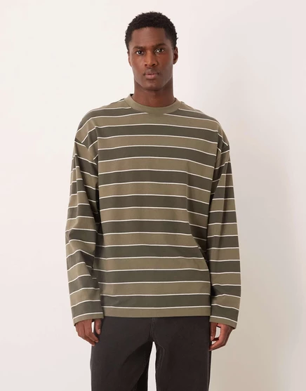 Мужской лонгслив ASOS DESIGN плотный оверсайз в полоску, хаки/молочный