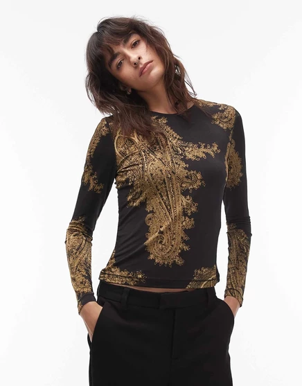 Черно-золотой топ с длинным рукавом katlyn с принтом Allsaints ella black