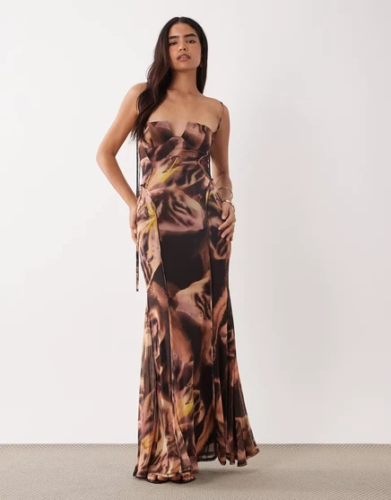 Макси-платье ASOS DESIGN из сетчатого принта с открытыми швами и рельефной чашевидной формой, фиолетовое в цветочек, коричневое в цветочек
