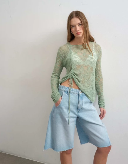 Топ из тонкой вязки Topshop с длинными рукавами и рюшами цвета шалфея sage