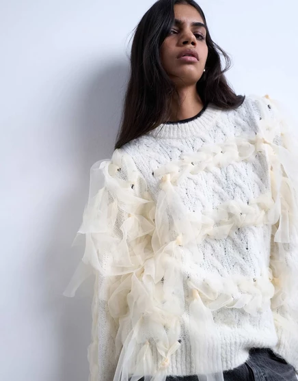Вязаный свитер в клетку с лентой от Topshop цвета слоновой кости ivory