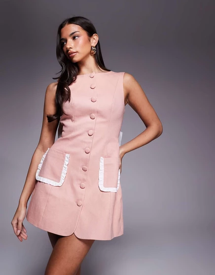 РОСКОШНОЕ мини-платье ASOS на пуговицах розового цвета с бантом сзади pink